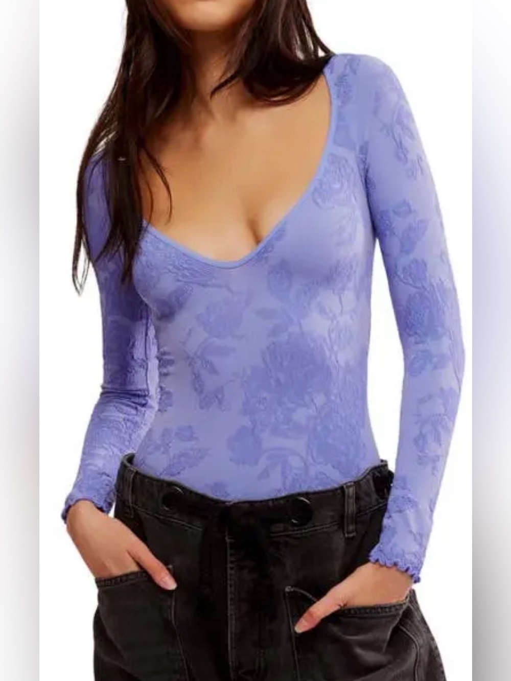 Free People Lavender Floral Scoop-Neck Long Sleeve Bodysuit